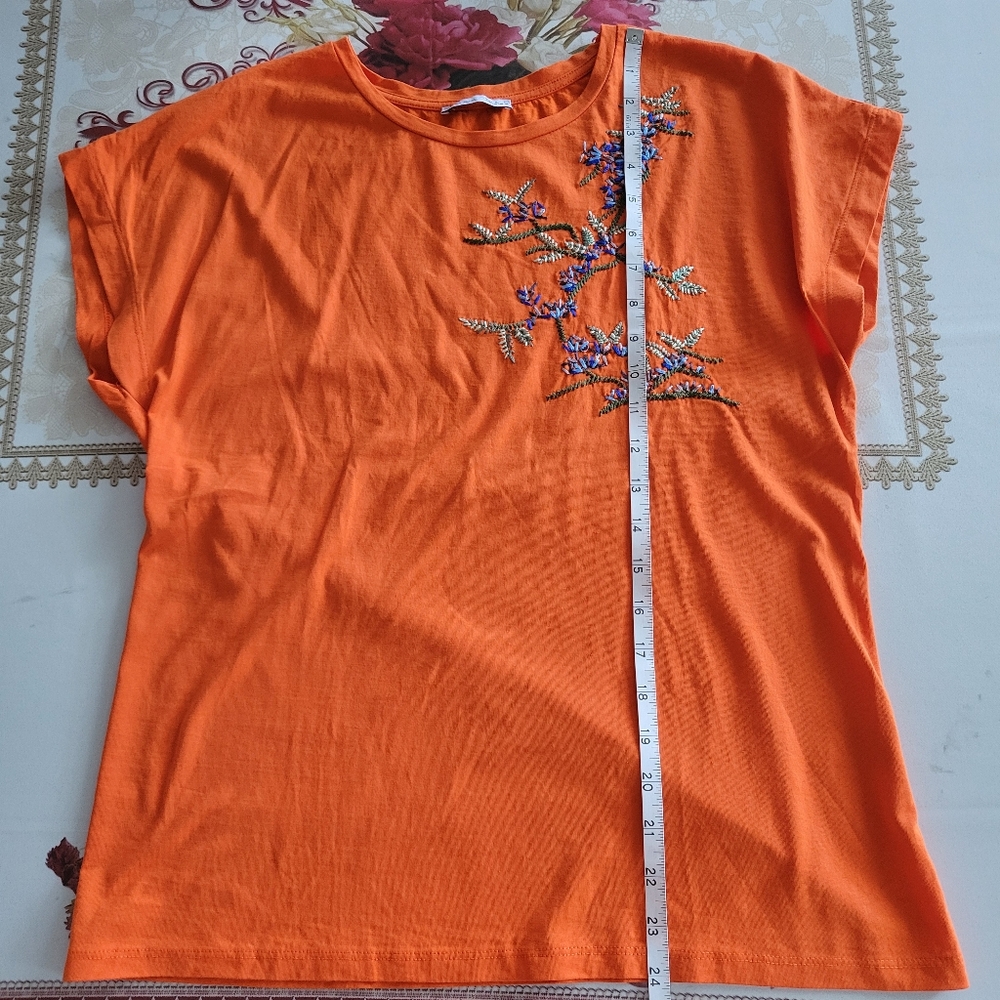 Zara Short Sleeve Top Womens Small Orange Embroidered - Picture 6 of 7